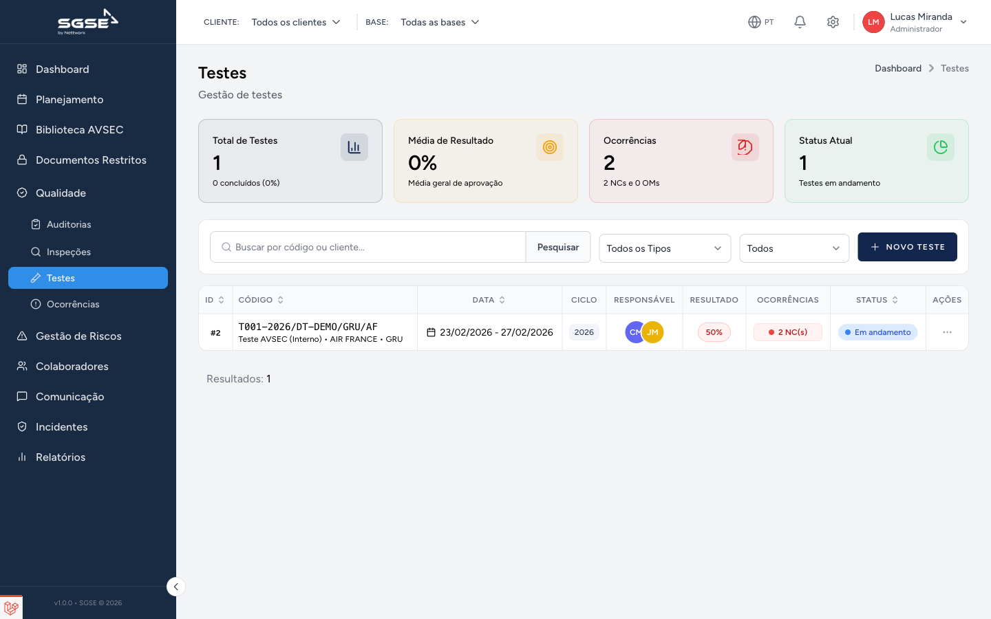 Tela do módulo Testes AVSEC no SGSE