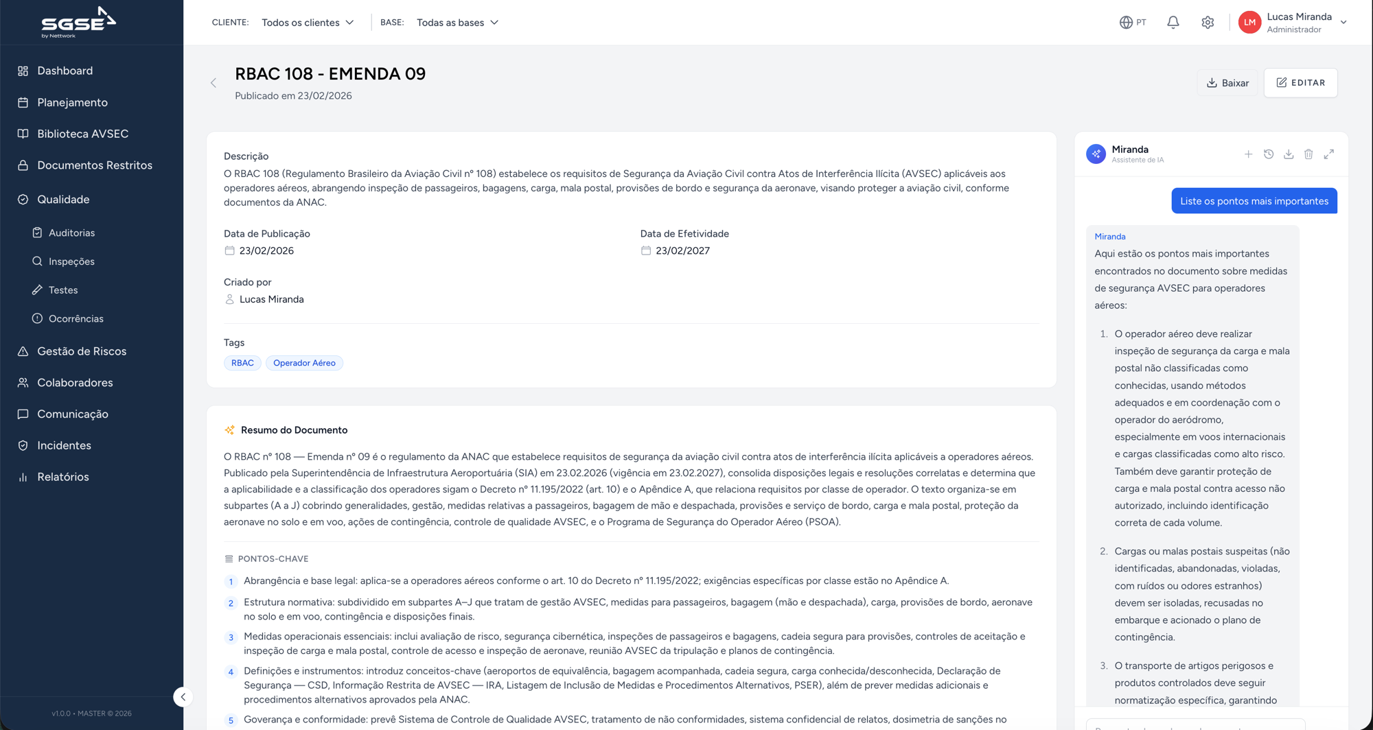 Miranda — camada de IA do SGSE aplicada aos fluxos operacionais AVSEC